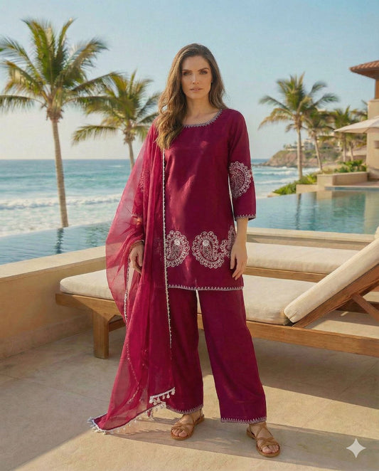 Anaita Maroon Crepe Stitched Suit With Sequence Embroidery Work