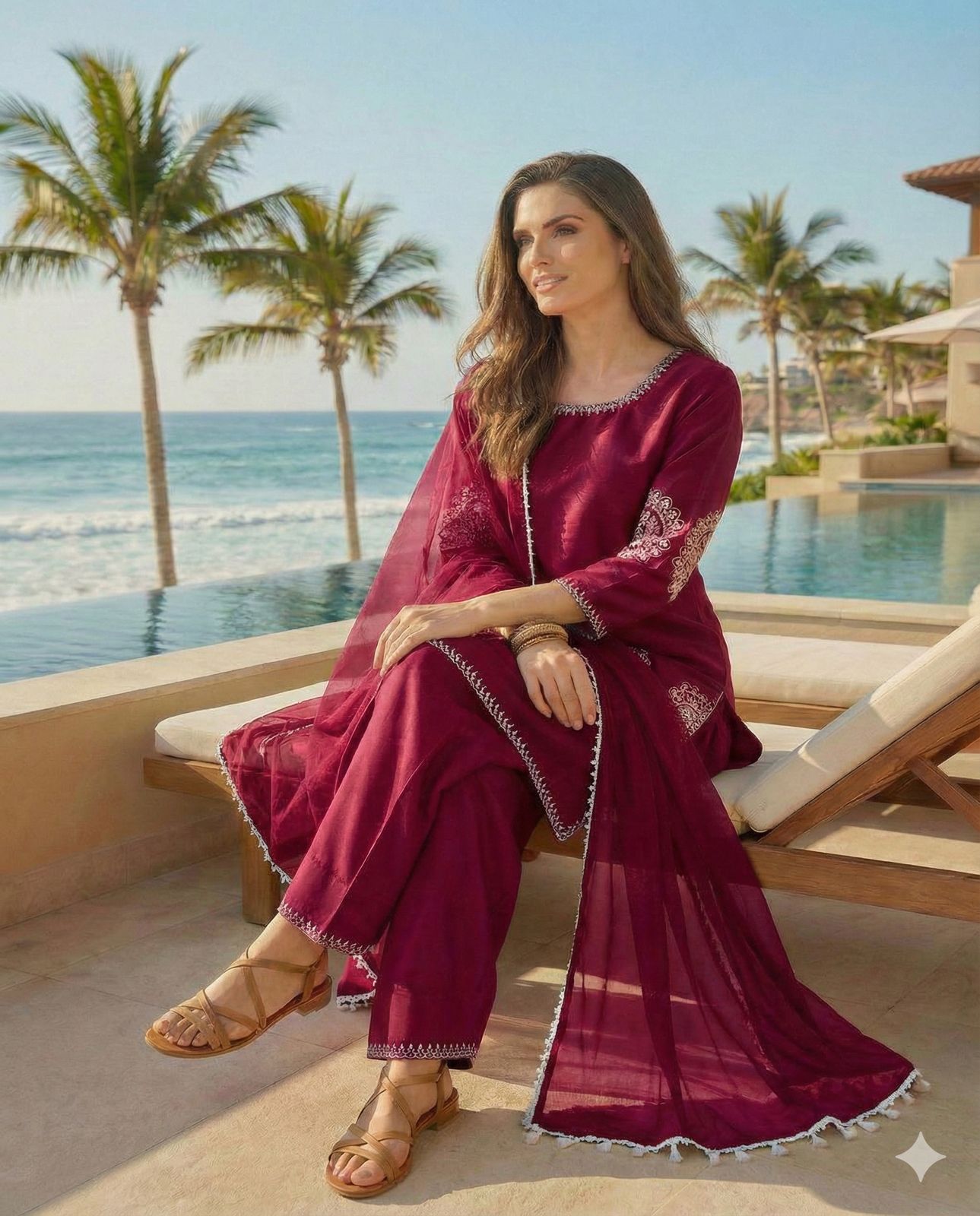 Anaita Maroon Crepe Stitched Suit With Sequence Embroidery Work