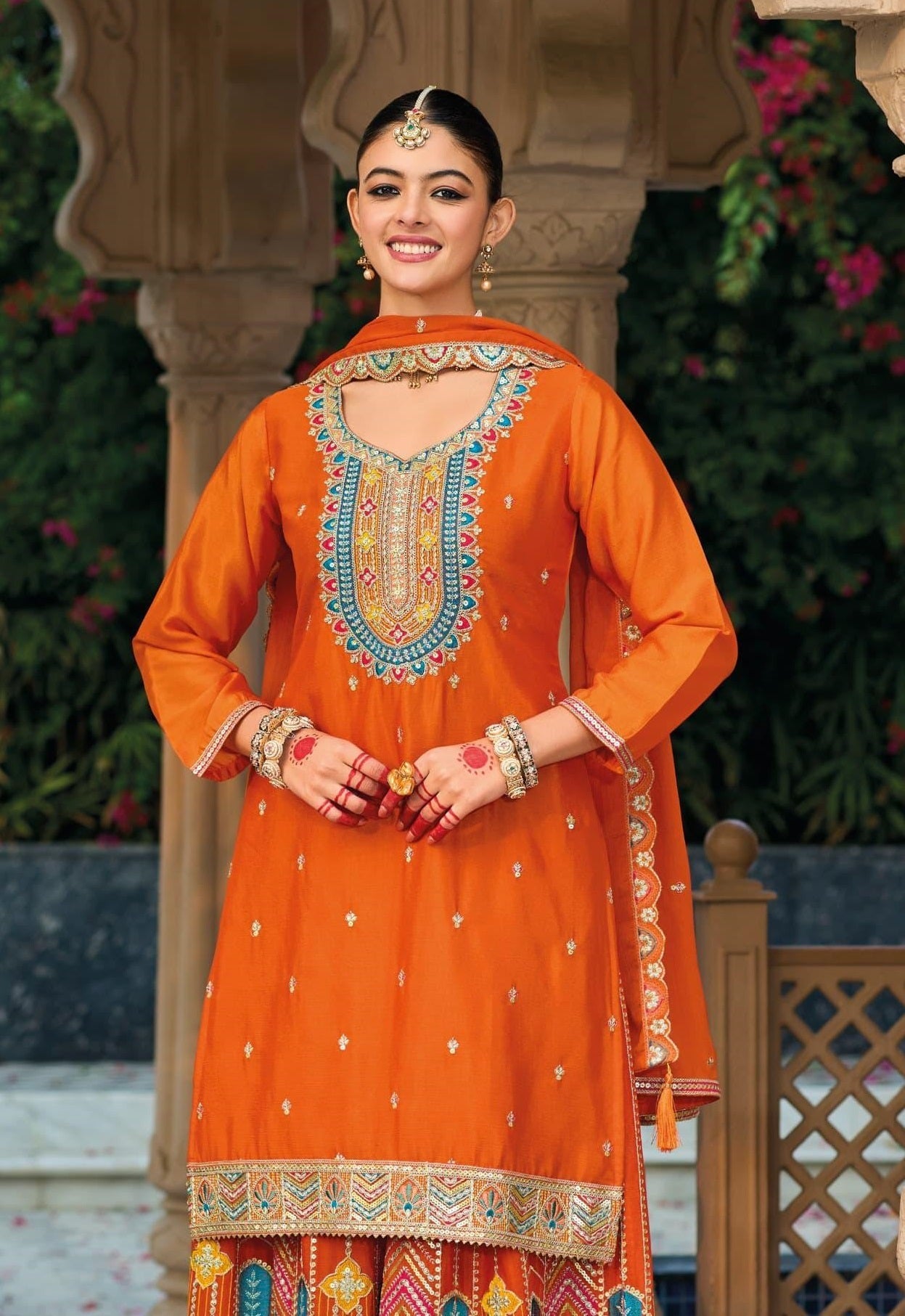 Anaita Orange Premium Embroidered Chinon Readymade Salwar Suit