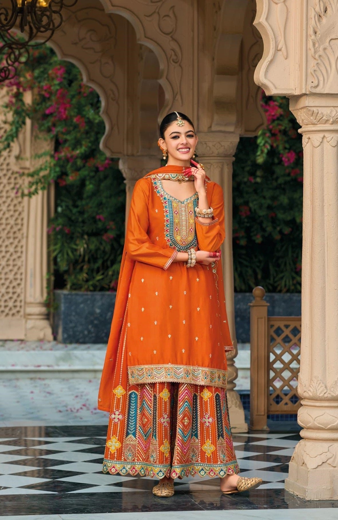 Anaita Orange Premium Embroidered Chinon Readymade Salwar Suit