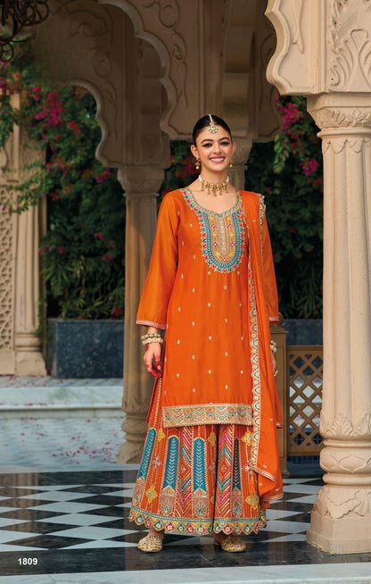 Anaita Orange Premium Embroidered Chinon Readymade Salwar Suit