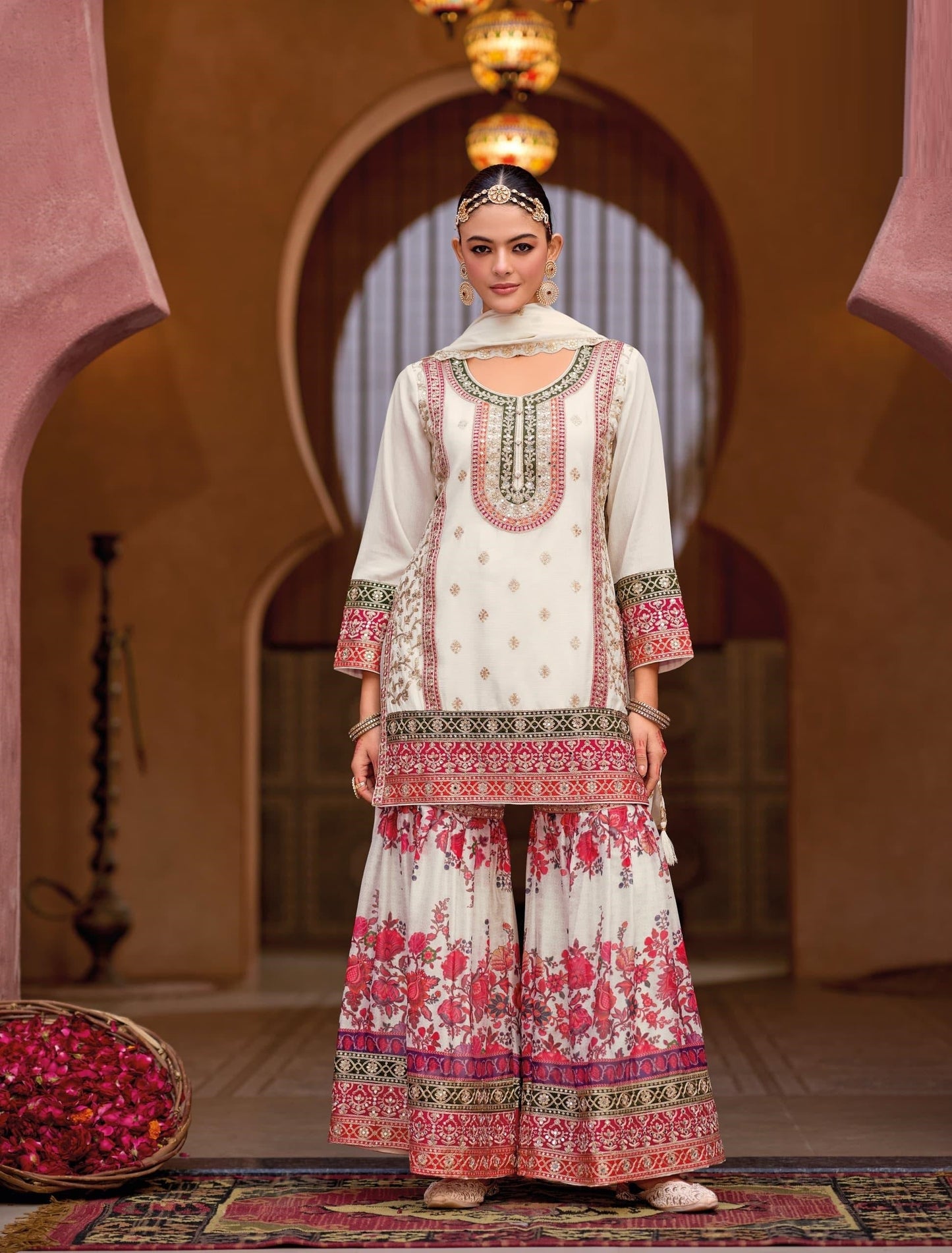 Anaita White Chinon Embroidered Readymade Salwar Suit