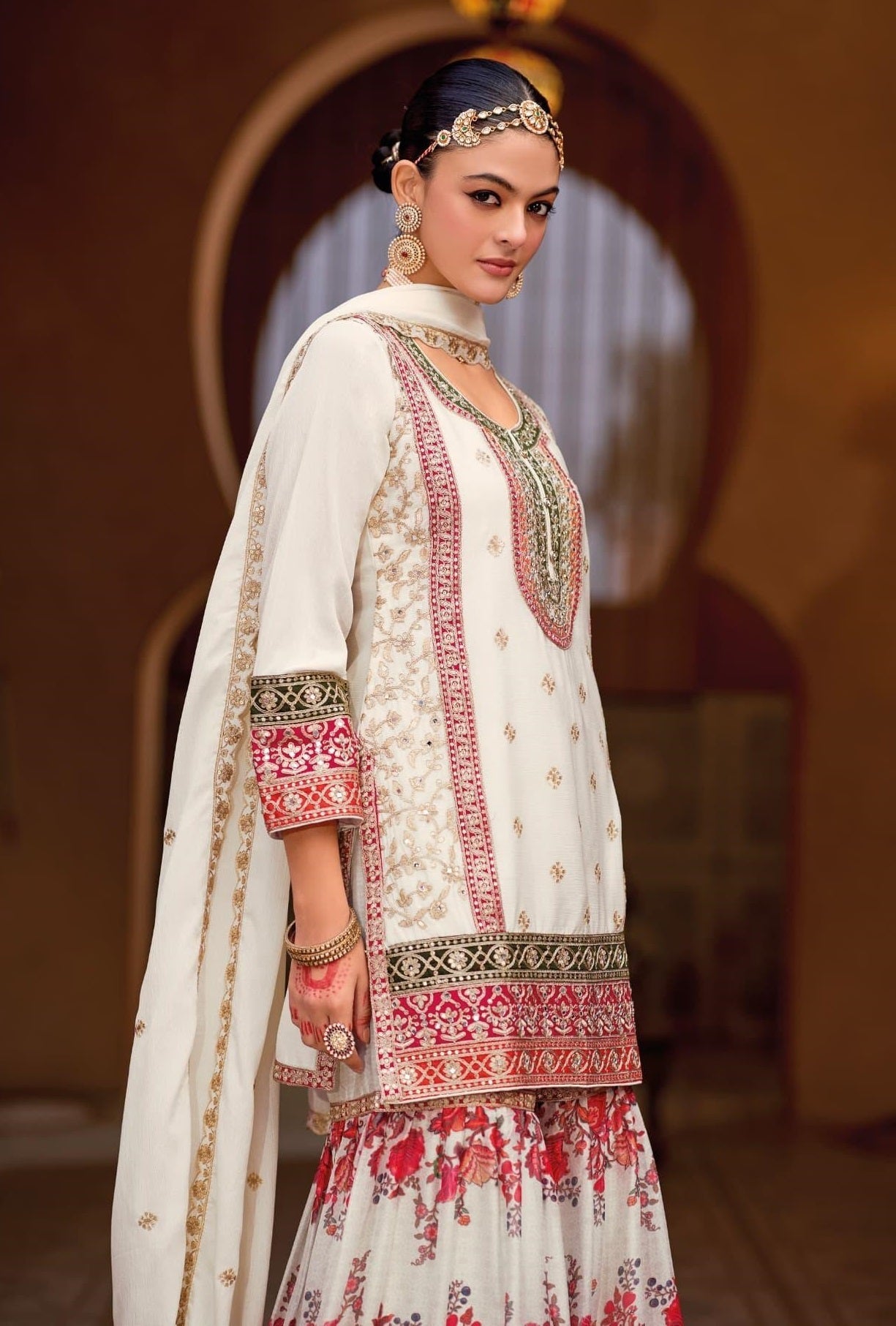Anaita White Chinon Embroidered Readymade Salwar Suit