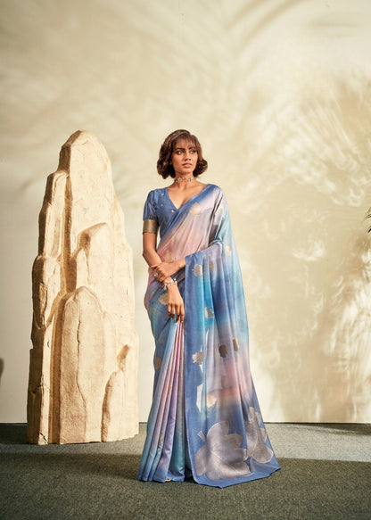 Anaita Blue Printed Handloom Khadi Silk Silk Saree With Blouse