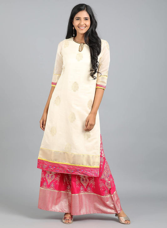 W for Woman Off-White Round Neck Yarn-Dyed kurta