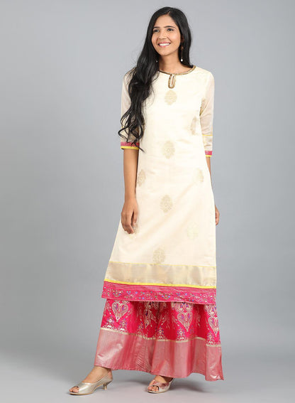 W for Woman Off-White Round Neck Yarn-Dyed kurta