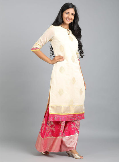 W for Woman Off-White Round Neck Yarn-Dyed kurta