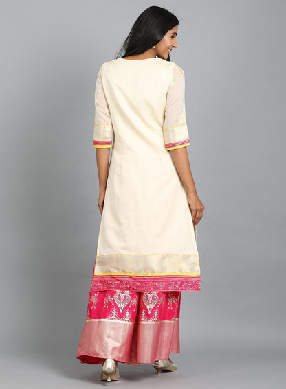 W for Woman Off-White Round Neck Yarn-Dyed kurta