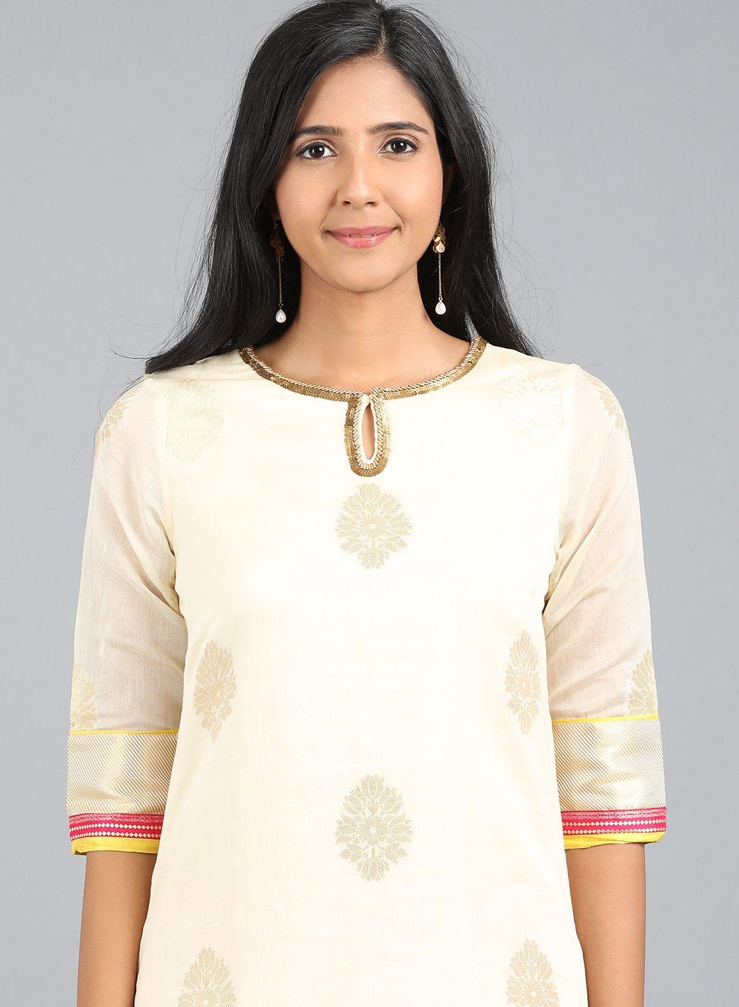 W for Woman Off-White Round Neck Yarn-Dyed kurta