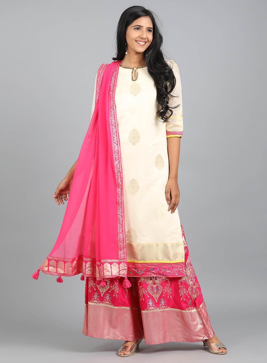W for Woman Off-White Round Neck Yarn-Dyed kurta