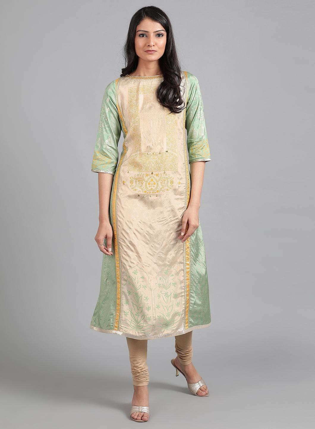 W for Woman Green Round Neck Printed kurta