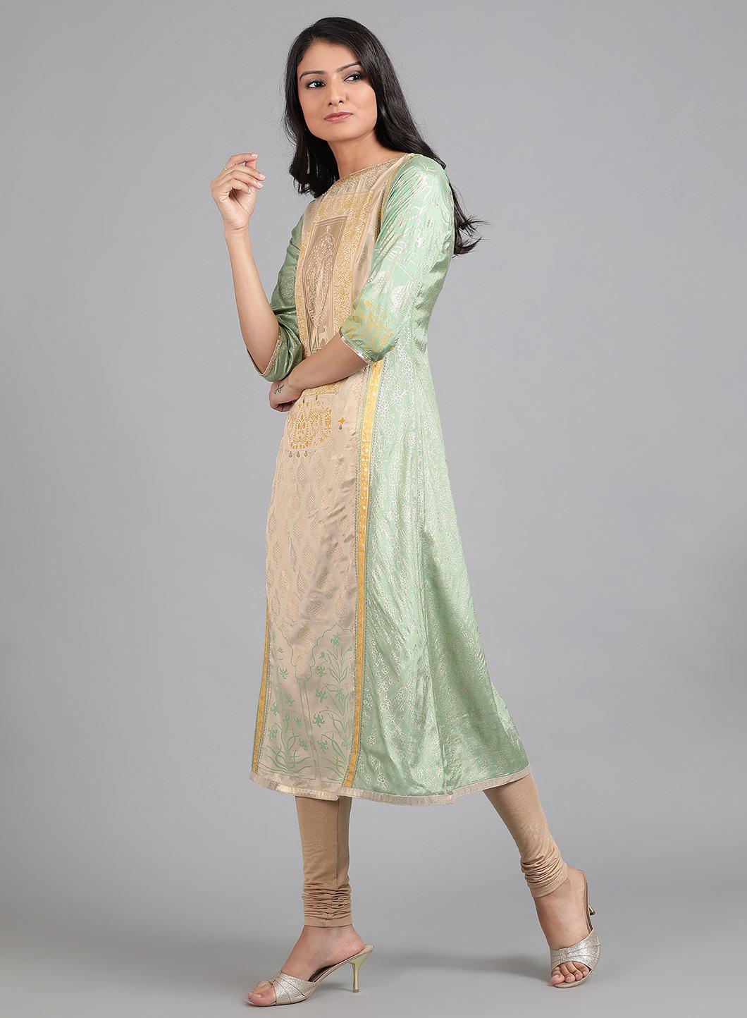 W for Woman Green Round Neck Printed kurta