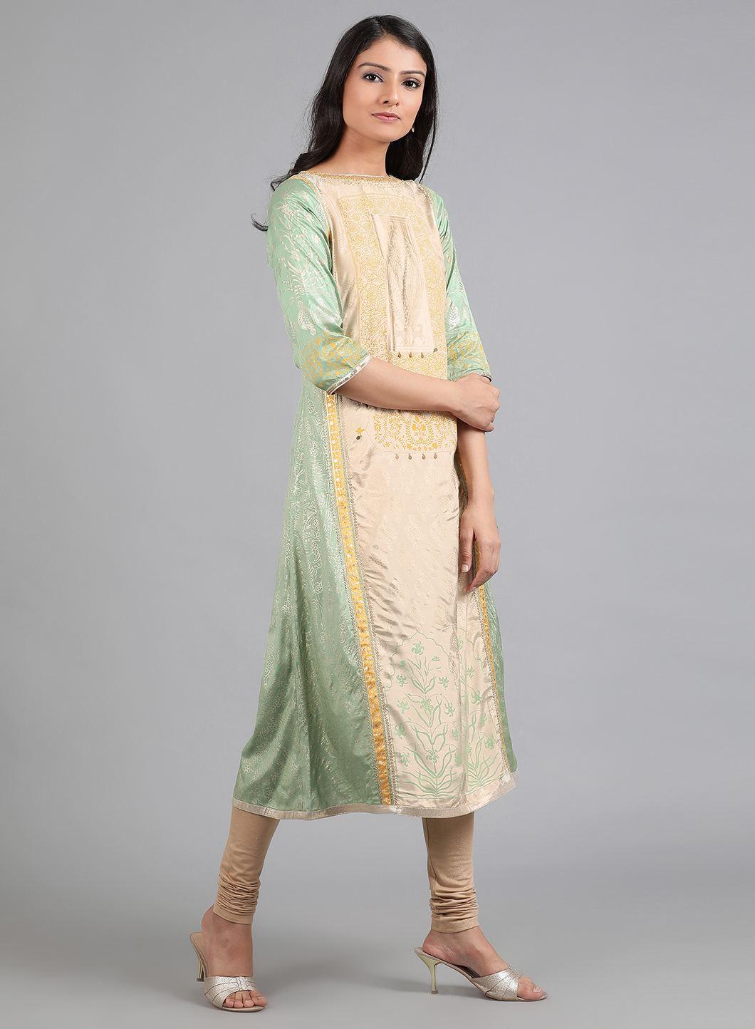 W for Woman Green Round Neck Printed kurta