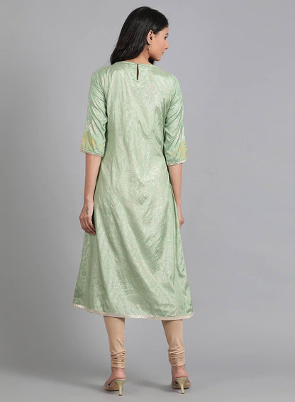 W for Woman Green Round Neck Printed kurta