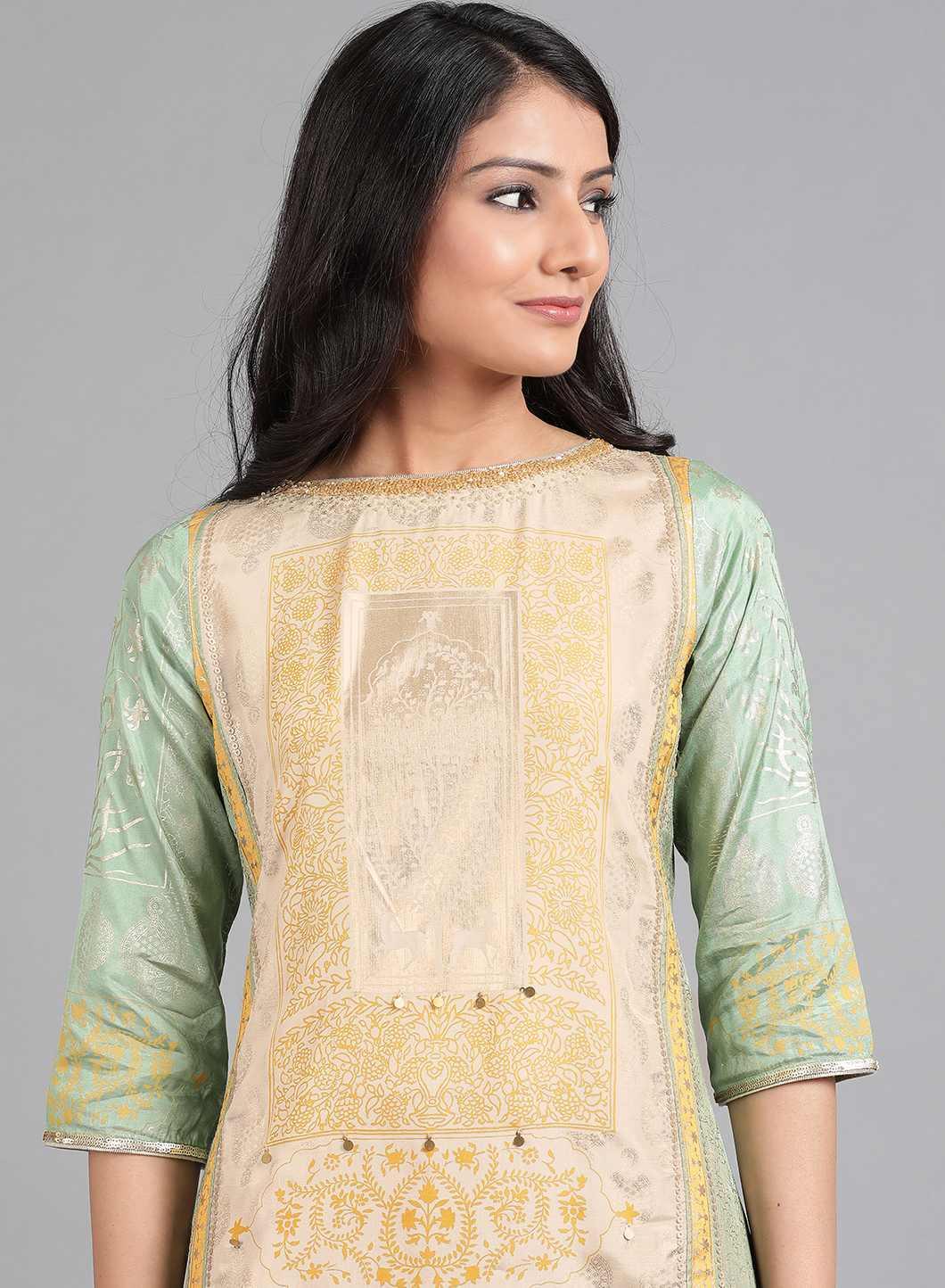 W for Woman Green Round Neck Printed kurta