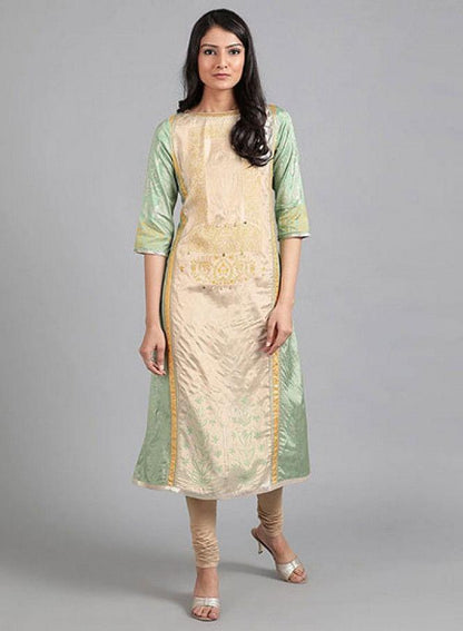 W for Woman Green Round Neck Printed kurta