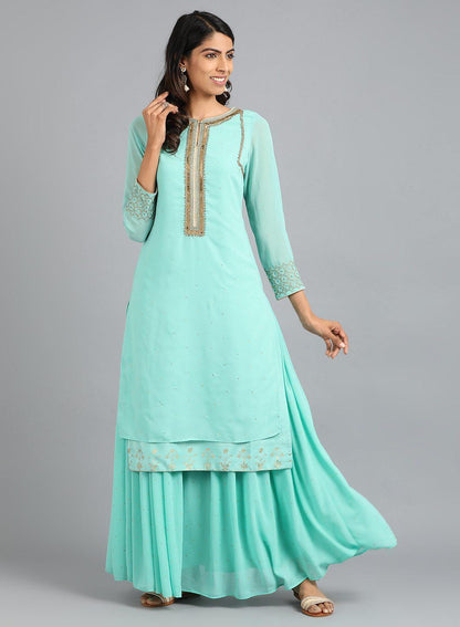 W for Woman Light Blue Round Neck Solid kurta
