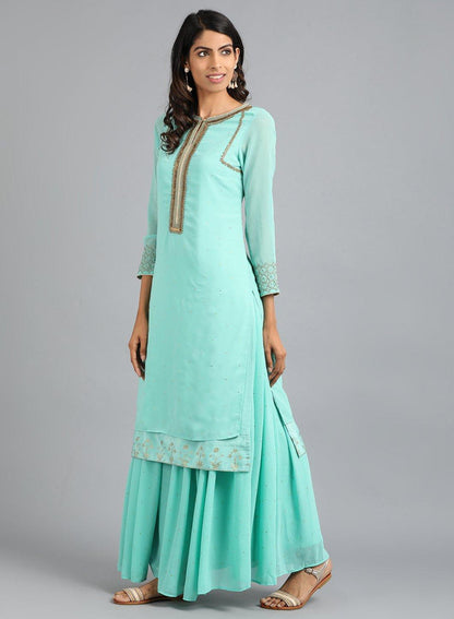 W for Woman Light Blue Round Neck Solid kurta