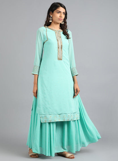 W for Woman Light Blue Round Neck Solid kurta