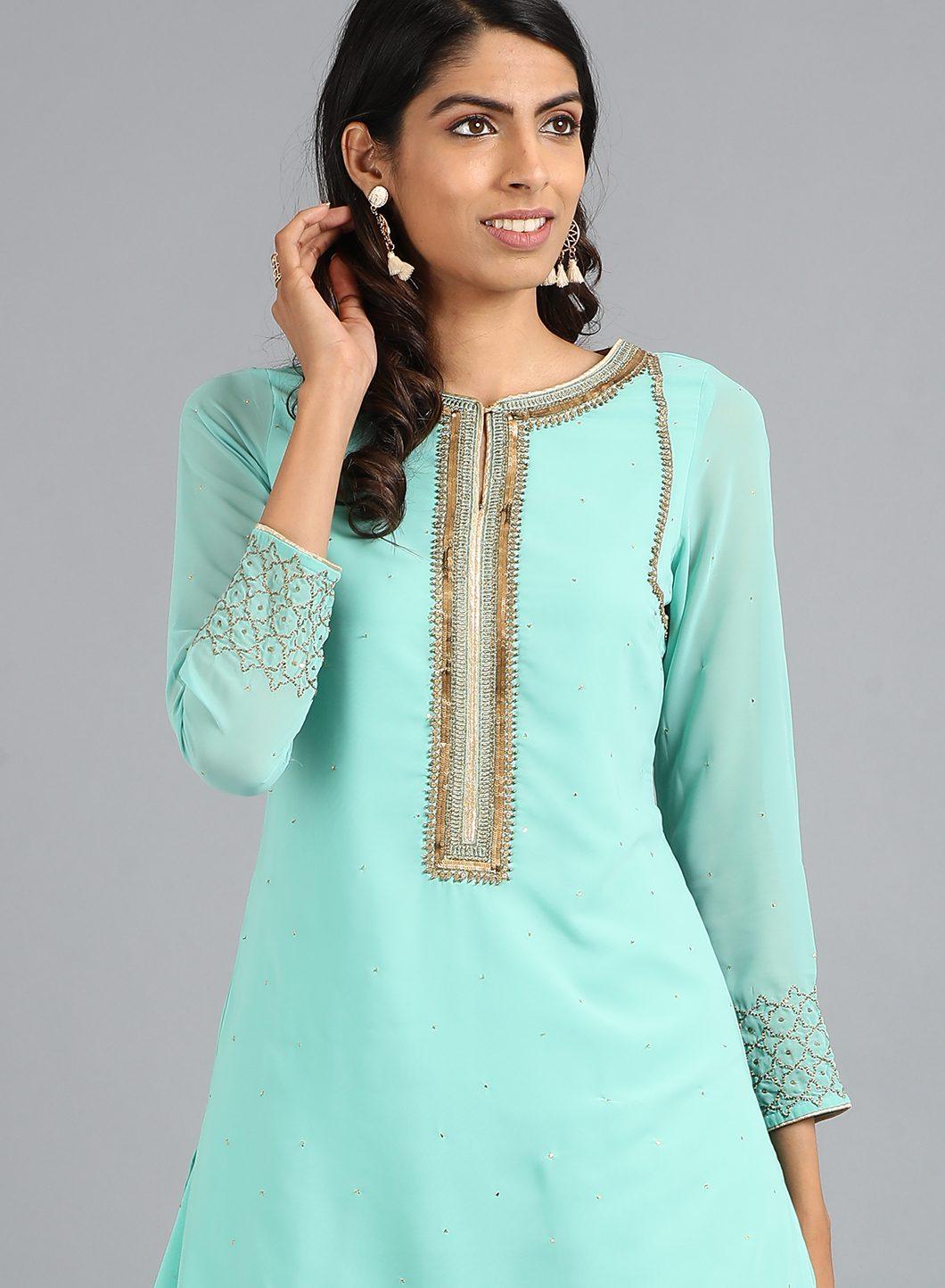 W for Woman Light Blue Round Neck Solid kurta