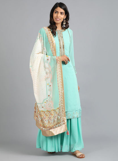 W for Woman Light Blue Round Neck Solid kurta