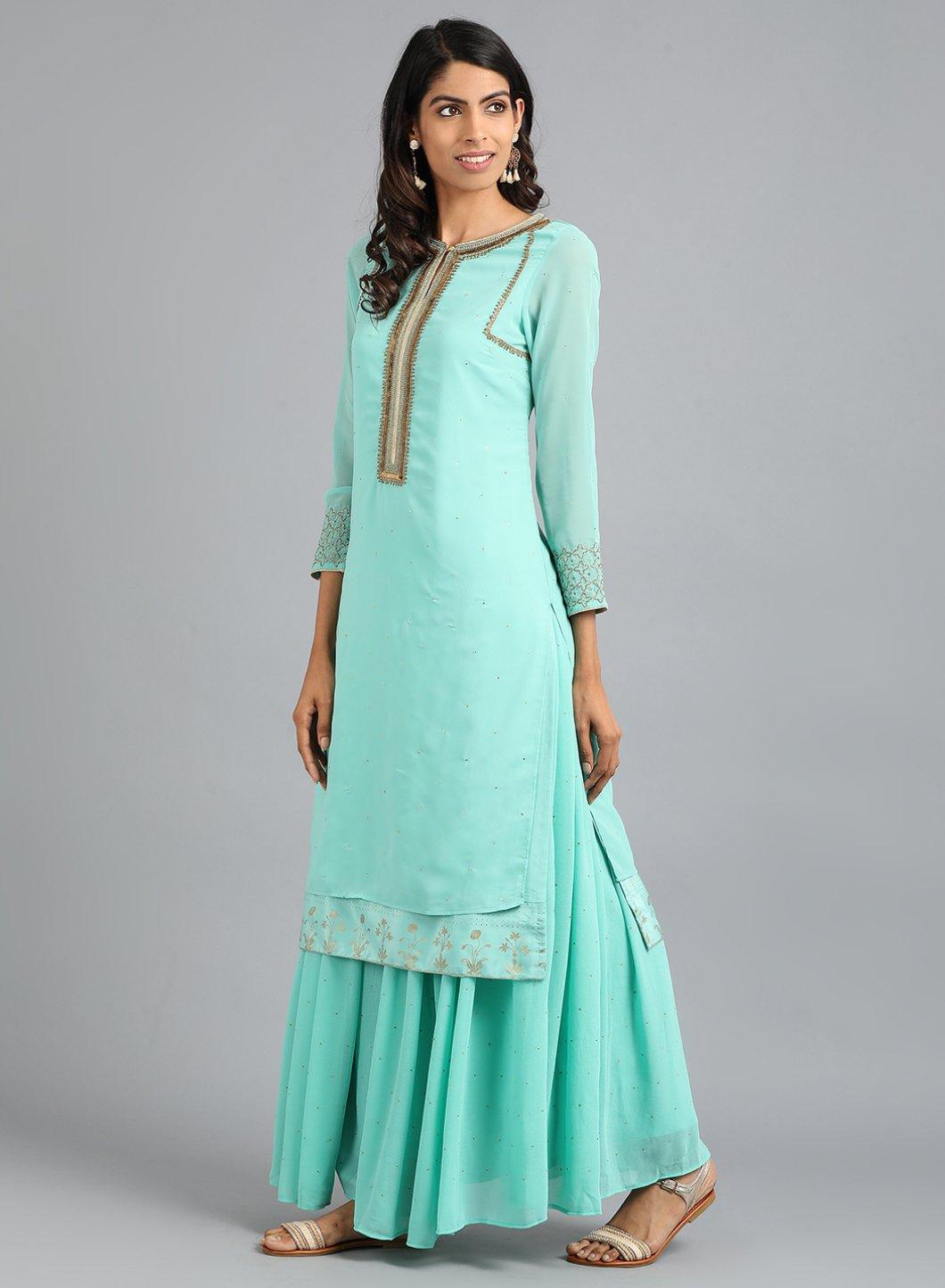 W for Woman Light Blue Round Neck Solid kurta