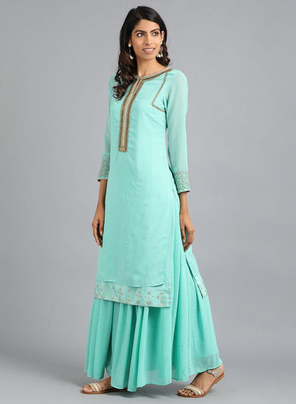 W for Woman Light Blue Round Neck Solid kurta