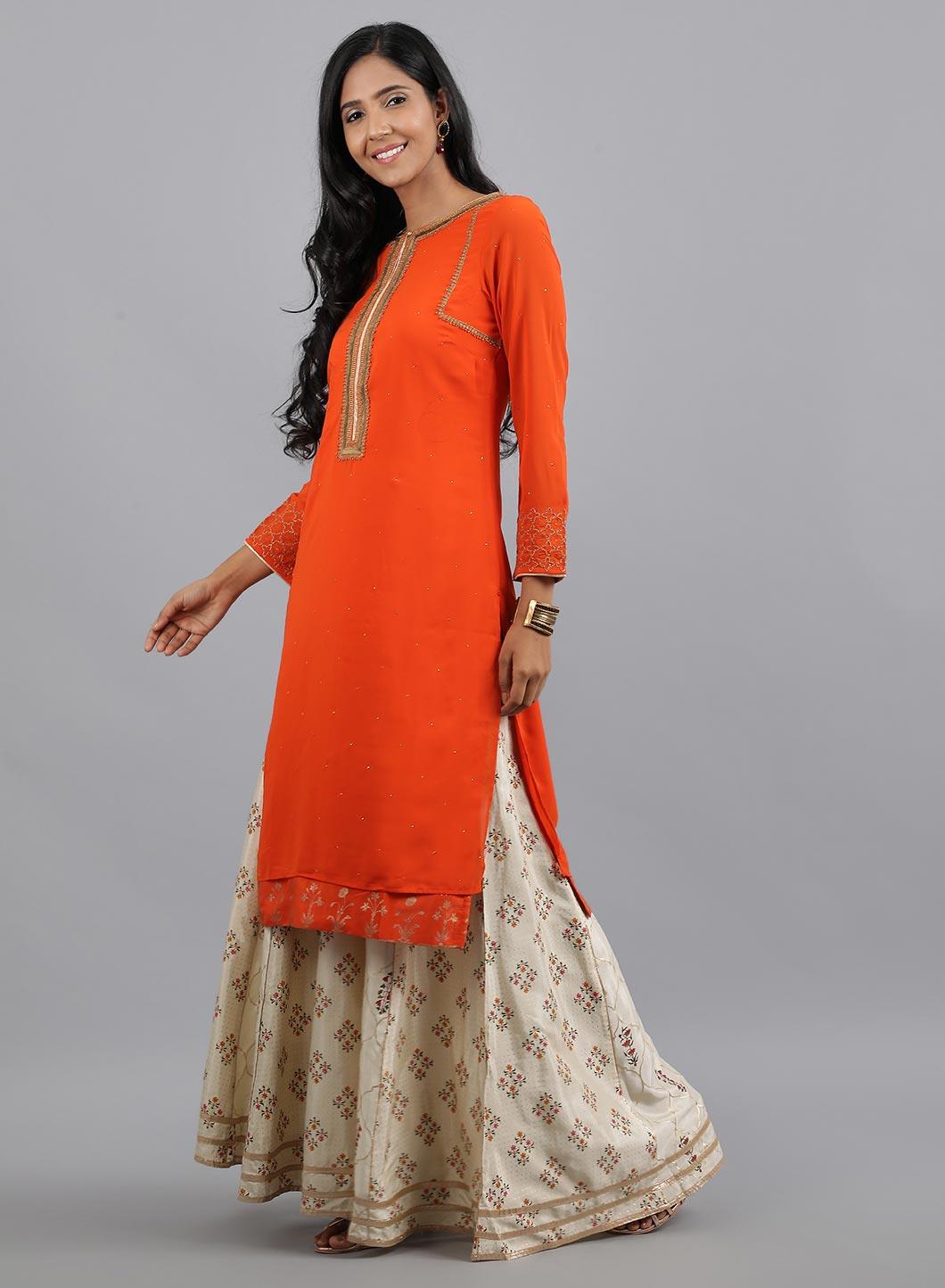 W for Woman Orange Round Neck Solid kurta