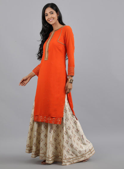 W for Woman Orange Round Neck Solid kurta