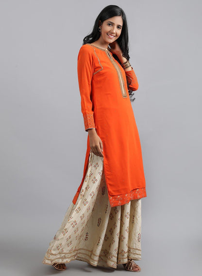 W for Woman Orange Round Neck Solid kurta