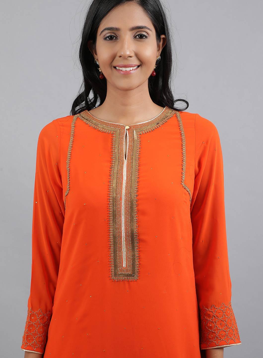 W for Woman Orange Round Neck Solid kurta