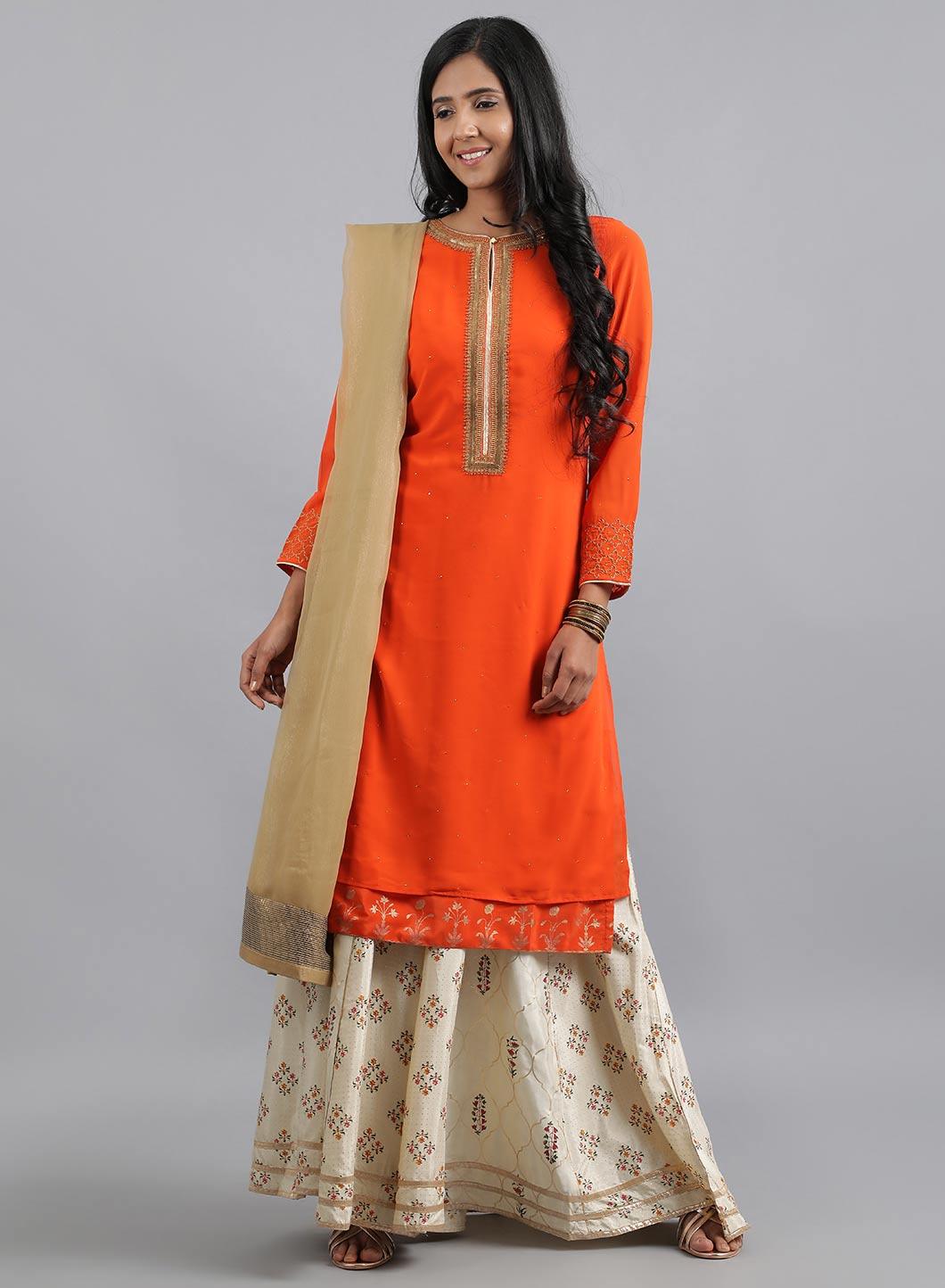 W for Woman Orange Round Neck Solid kurta