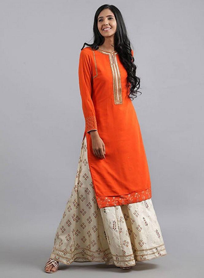 W for Woman Orange Round Neck Solid kurta