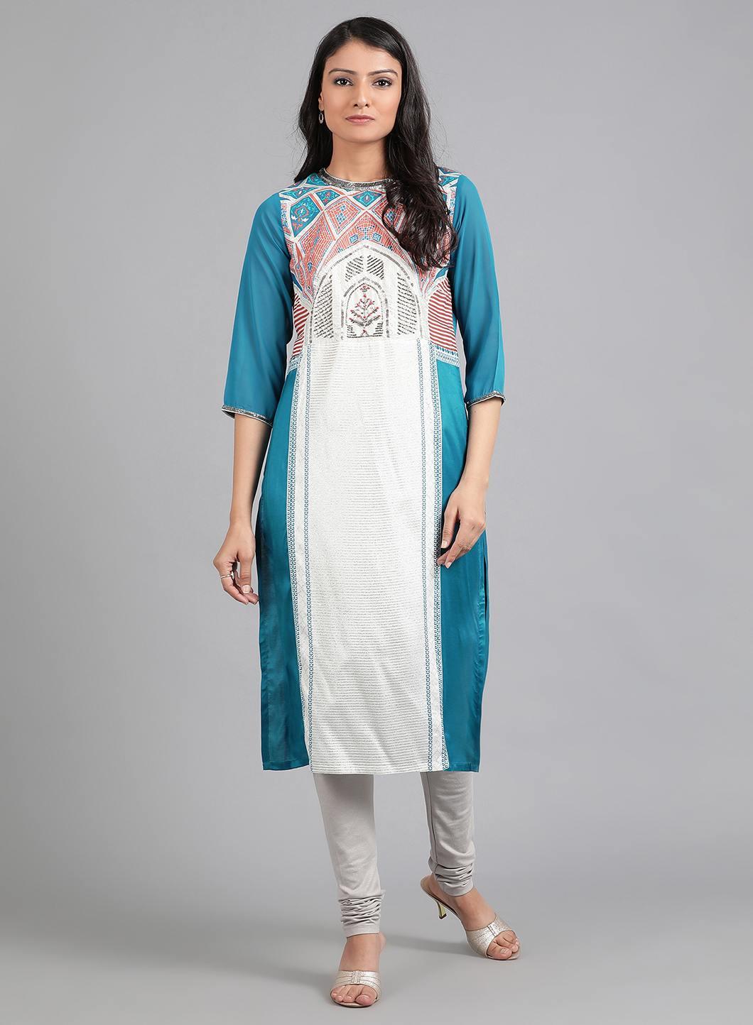 W for Woman Blue Round Neck Printed kurta