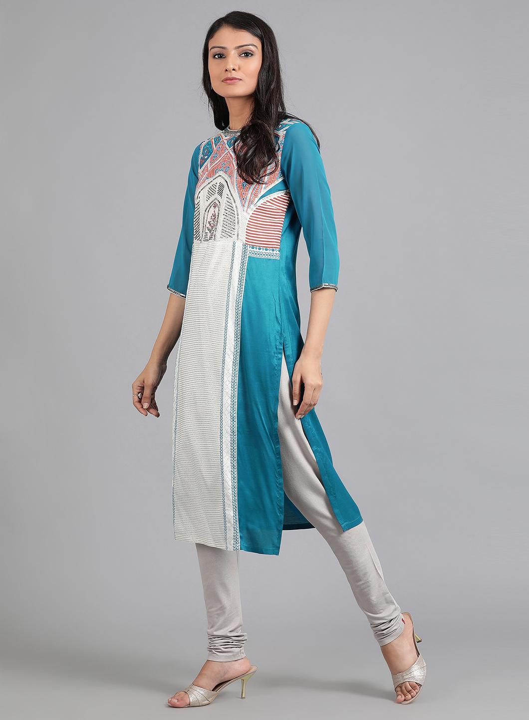 W for Woman Blue Round Neck Printed kurta
