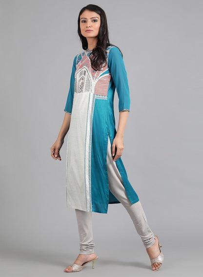 W for Woman Blue Round Neck Printed kurta