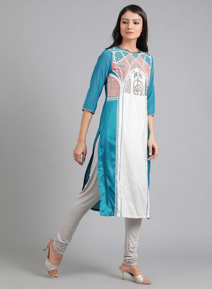 W for Woman Blue Round Neck Printed kurta