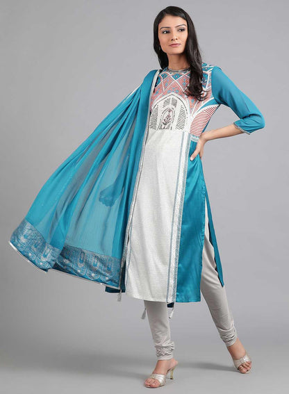 W for Woman Blue Round Neck Printed kurta
