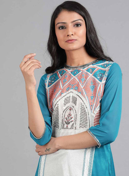 W for Woman Blue Round Neck Printed kurta