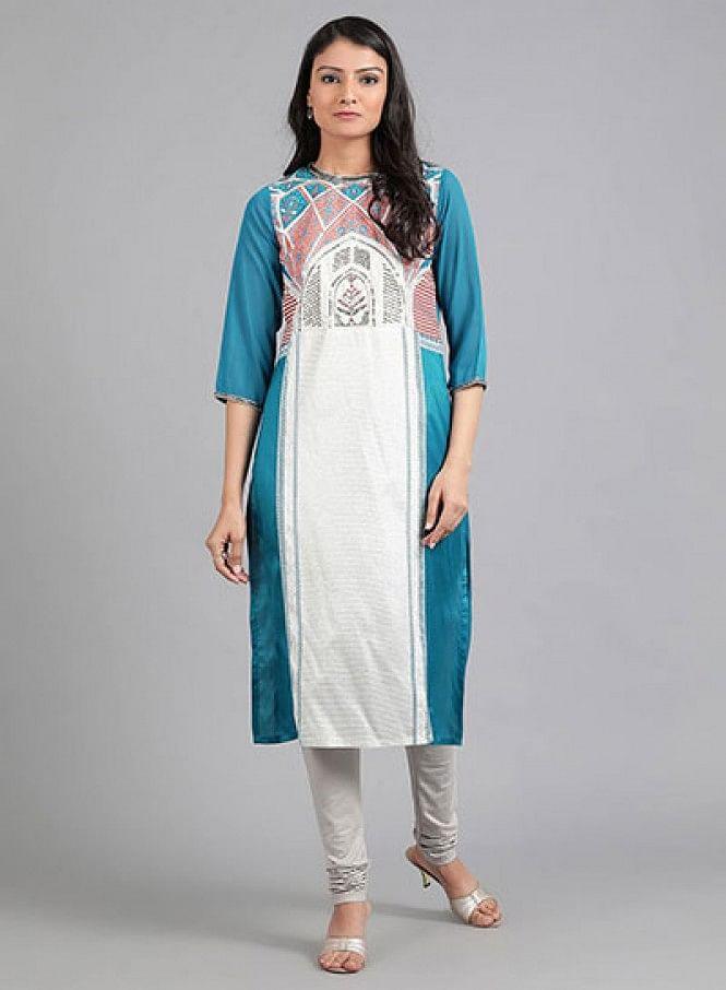 W for Woman Blue Round Neck Printed kurta