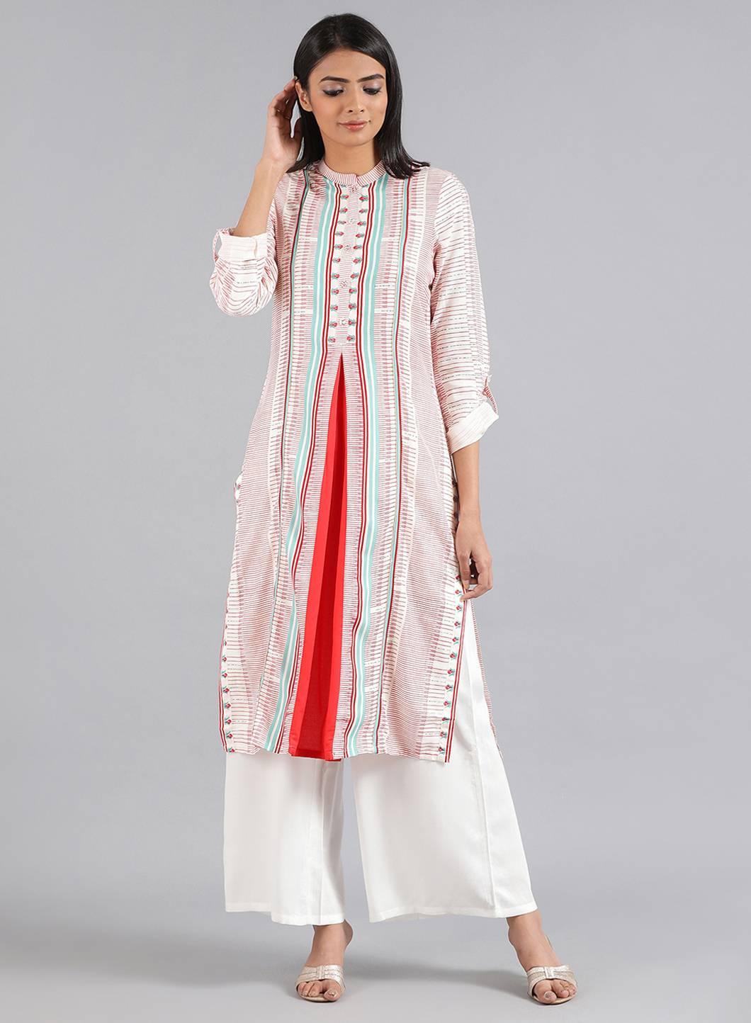 W for Woman White Mandarin Neck Printed kurta