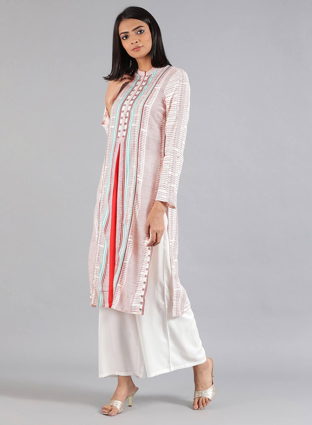 W for Woman White Mandarin Neck Printed kurta