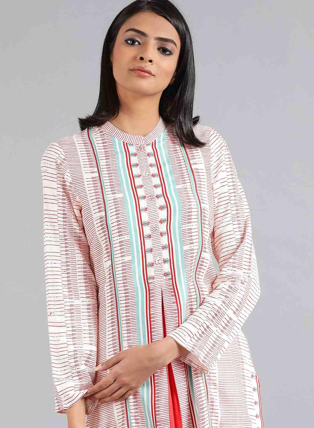 W for Woman White Mandarin Neck Printed kurta