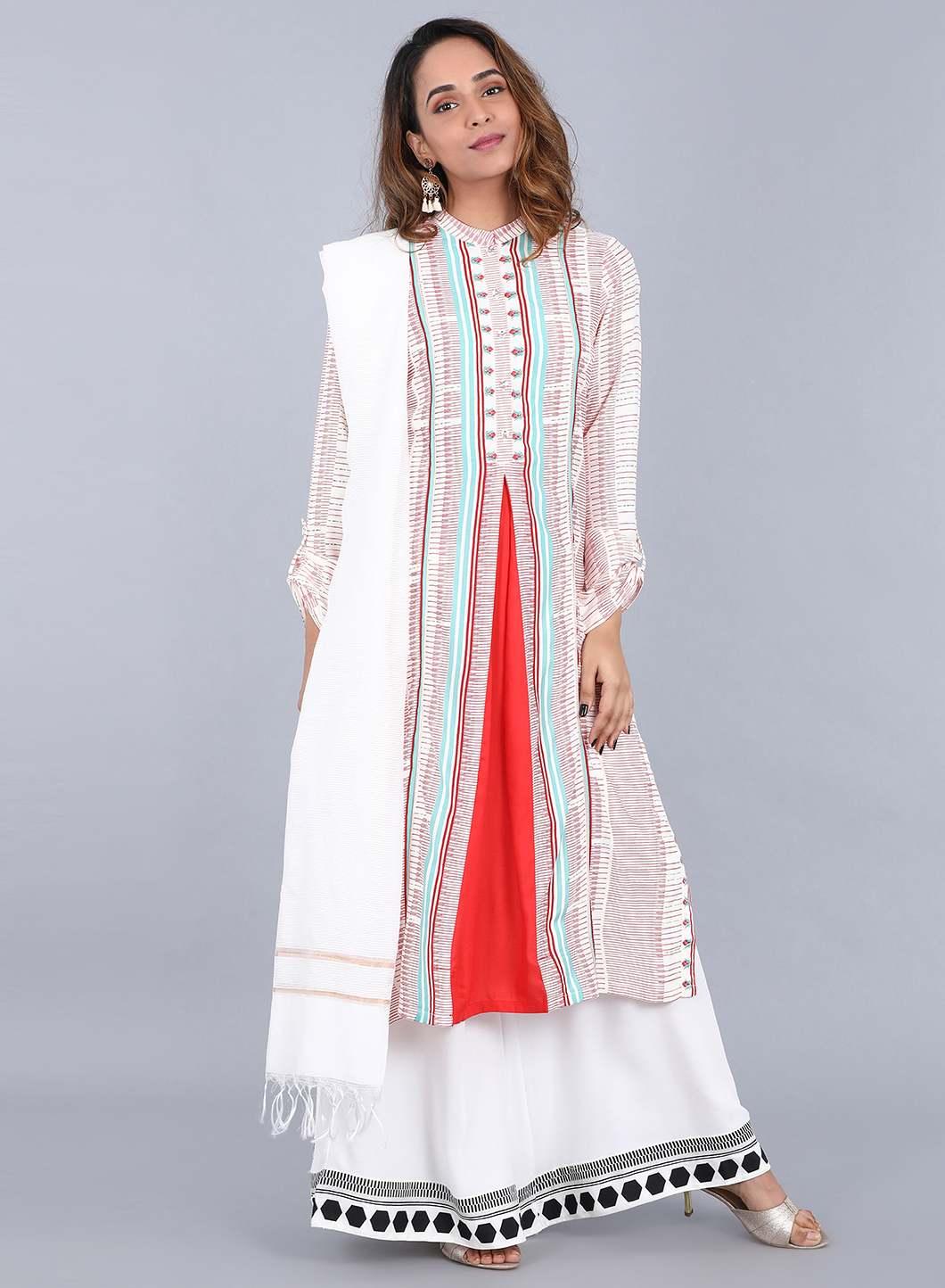 W for Woman White Mandarin Neck Printed kurta