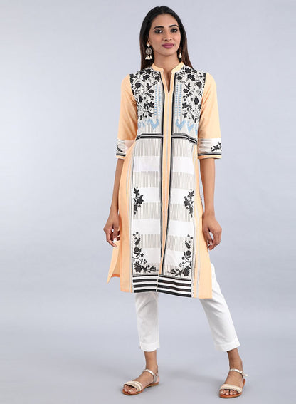 W for Woman Orange Mandarin Neck Printed kurta