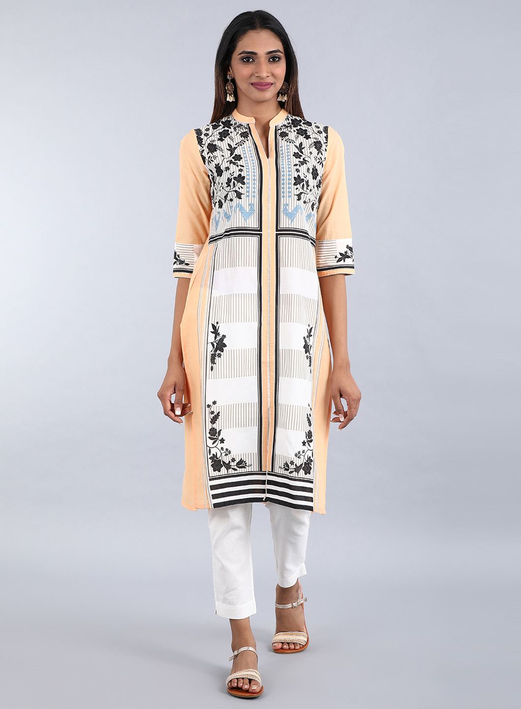 W for Woman Orange Mandarin Neck Printed kurta