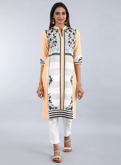 W for Woman Orange Mandarin Neck Printed kurta