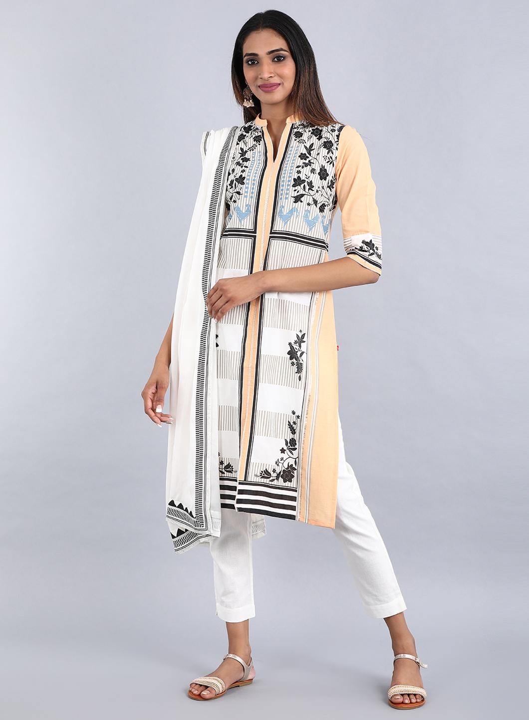 W for Woman Orange Mandarin Neck Printed kurta