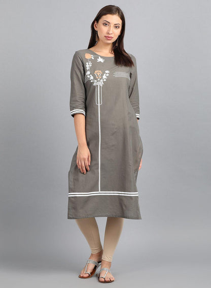 W for Woman Grey Round Neck Printed kurta