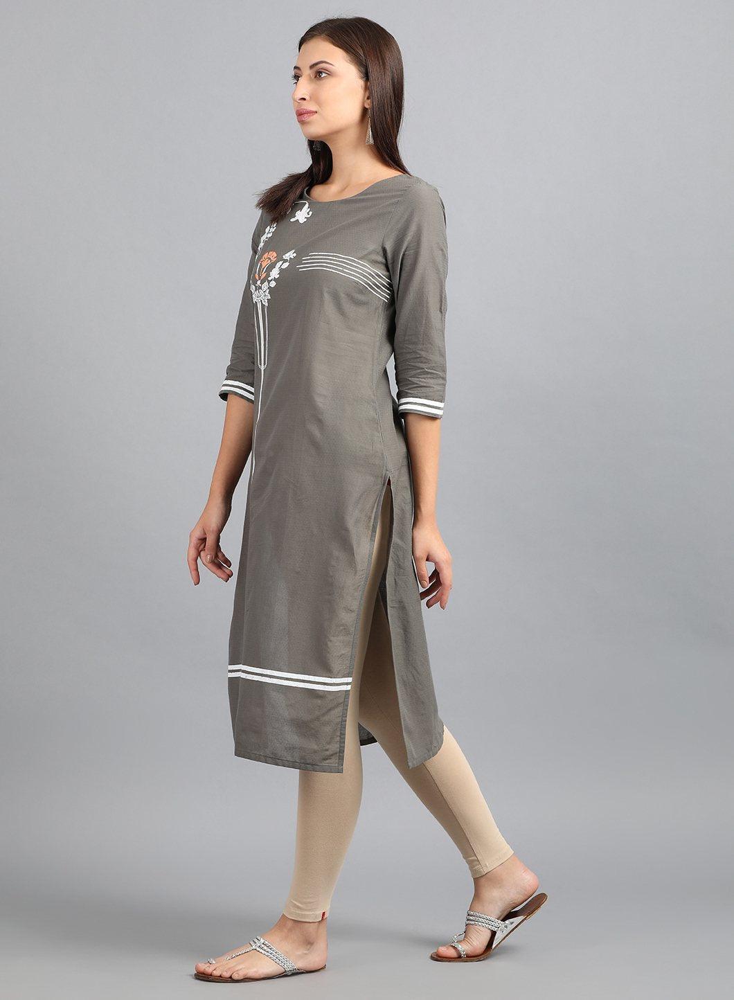 W for Woman Grey Round Neck Printed kurta
